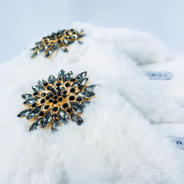 Faux Fur Slippers - Global Recycled Standard Certified with Grey Tourmaline Jewel Embellishments