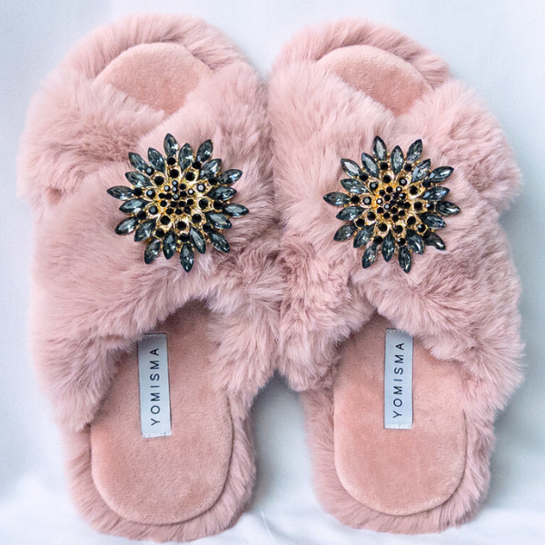 Faux Fur Slippers - Global Recycled Standard Certified with Grey Tourmaline Jewel Embellishments