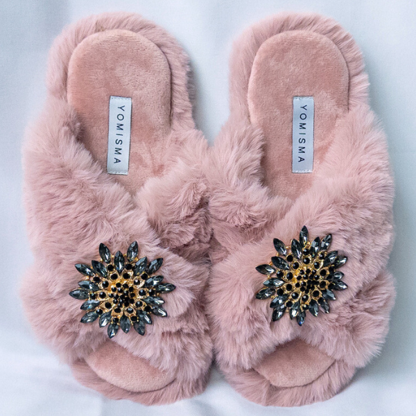 Faux Fur Slippers - Global Recycled Standard Certified with Grey Tourmaline Jewel Embellishments