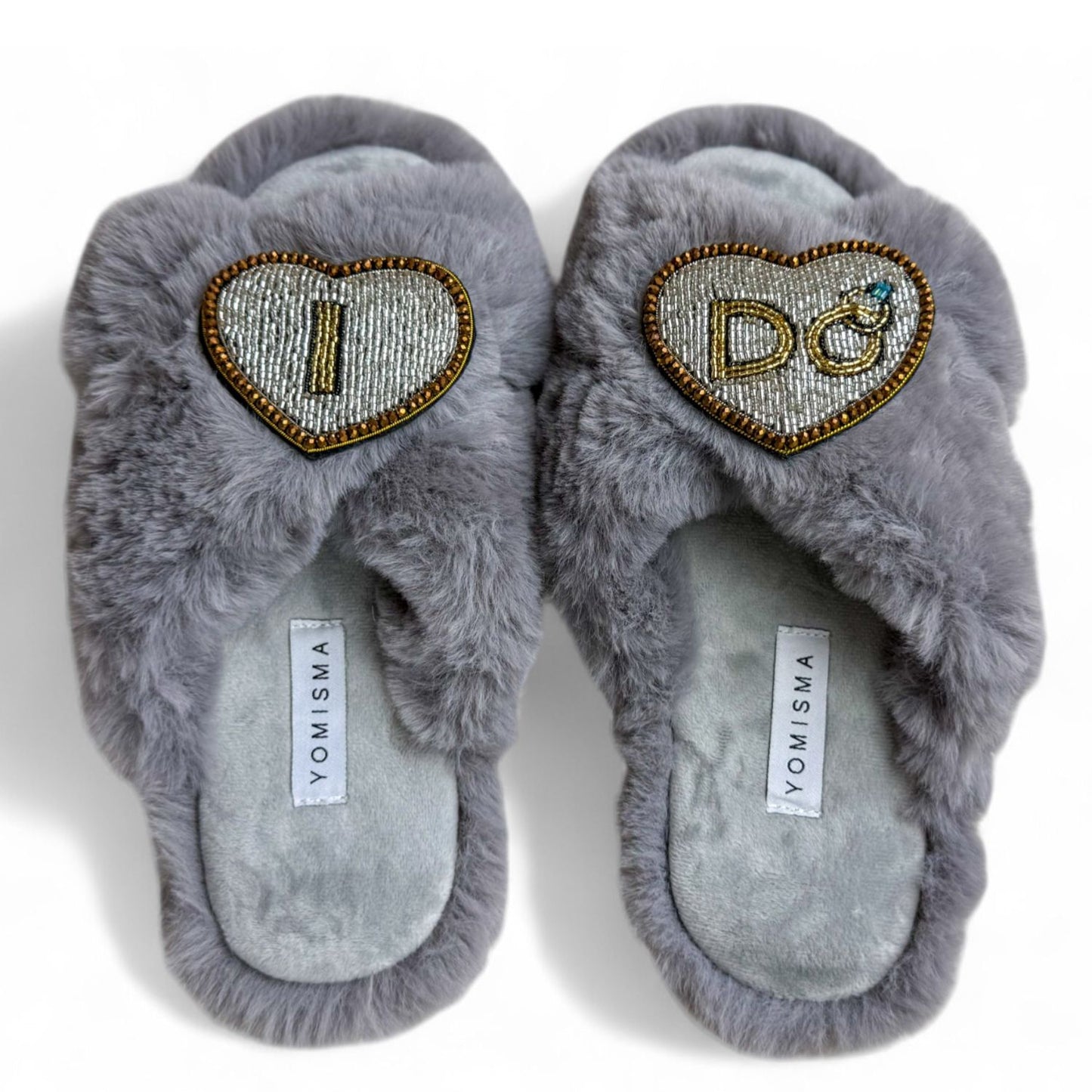 Faux Fur Slippers - Global Recycled Standard Certified with Beaded Wedding (I DO) Brooch