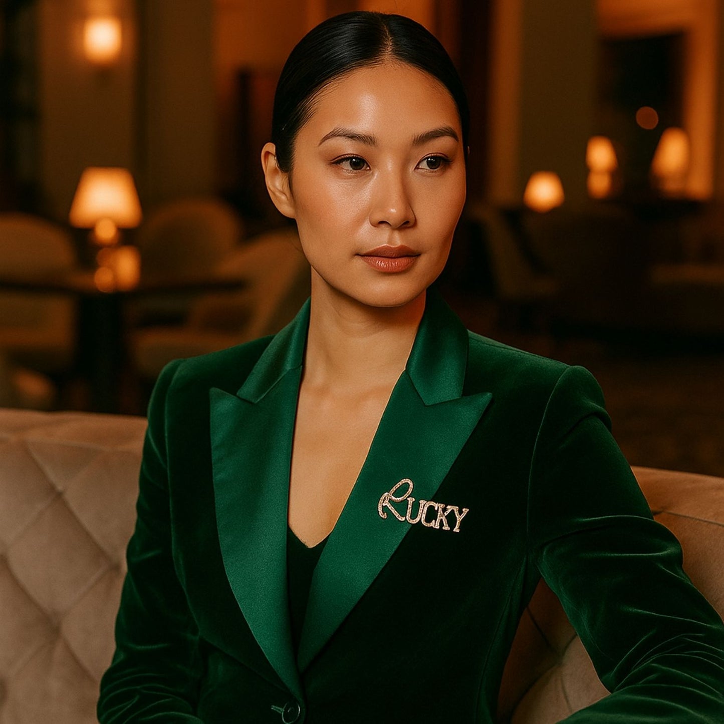 “Lucky” Rhinestone Word Brooch