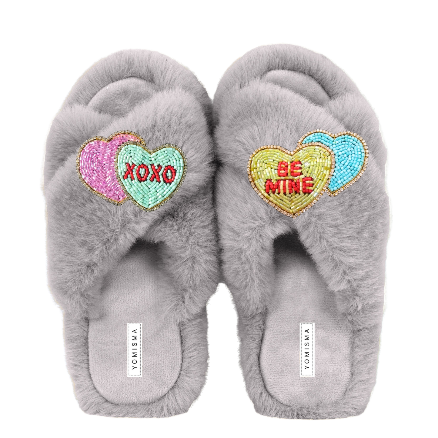 Faux Fur Slippers - Global Recycled Standard Certified with Valentines "Be Mine/XO" Embellishments