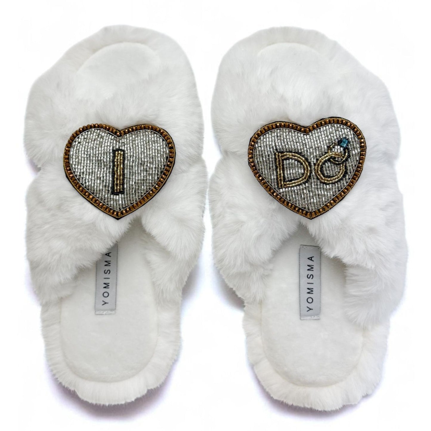 Faux Fur Slippers - Global Recycled Standard Certified with Beaded Wedding (I DO) Brooch