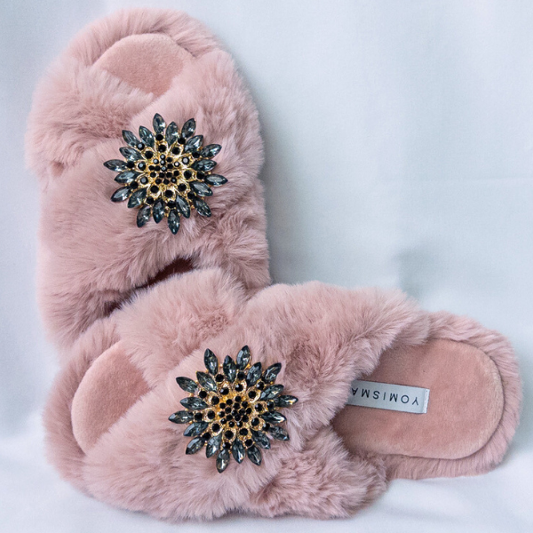 Faux Fur Slippers - Global Recycled Standard Certified with Grey Tourmaline Jewel Embellishments
