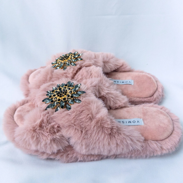 Faux Fur Slippers - Global Recycled Standard Certified with Grey Tourmaline Jewel Embellishments