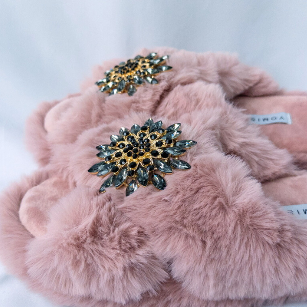 Faux Fur Slippers - Global Recycled Standard Certified with Grey Tourmaline Jewel Embellishments