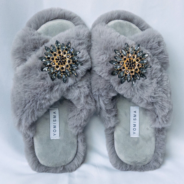 Faux Fur Slippers - Global Recycled Standard Certified with Grey Tourmaline Jewel Embellishments