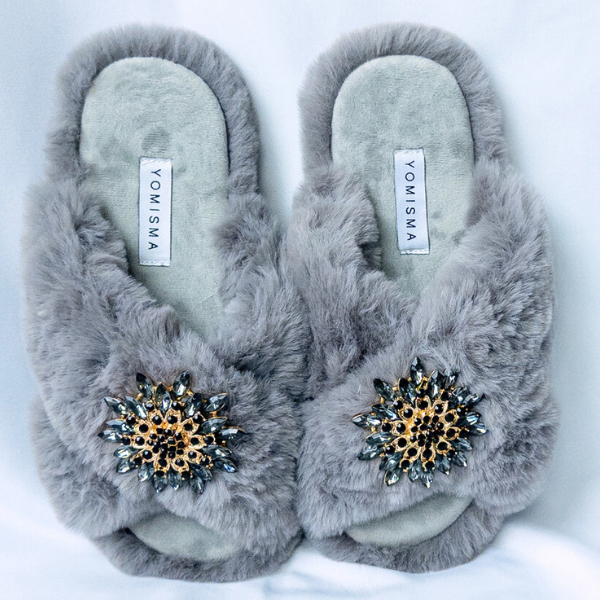 Faux Fur Slippers - Global Recycled Standard Certified with Grey Tourmaline Jewel Embellishments