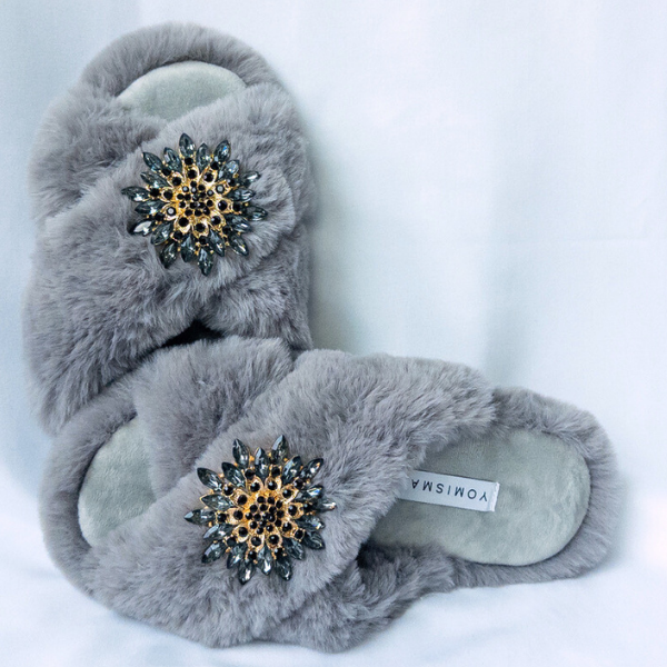 Faux Fur Slippers - Global Recycled Standard Certified with Grey Tourmaline Jewel Embellishments
