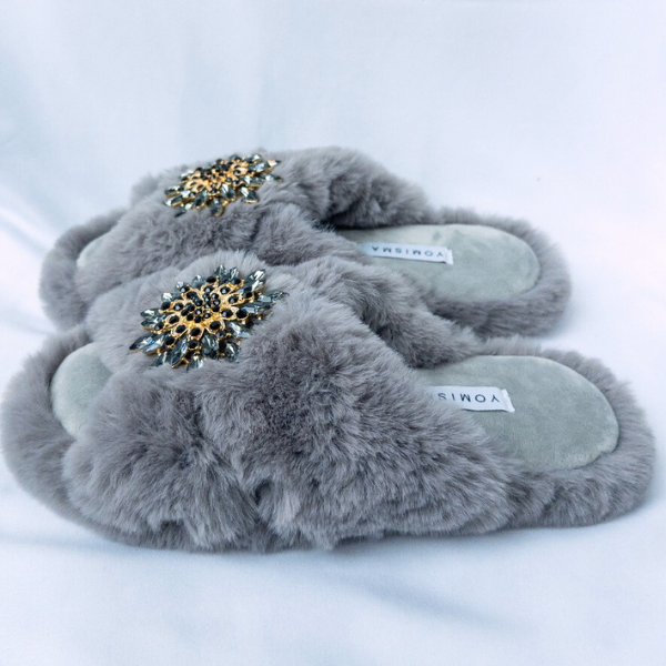 Faux Fur Slippers - Global Recycled Standard Certified with Grey Tourmaline Jewel Embellishments