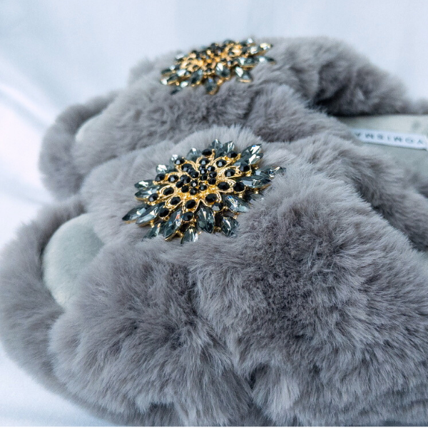 Faux Fur Slippers - Global Recycled Standard Certified with Grey Tourmaline Jewel Embellishments