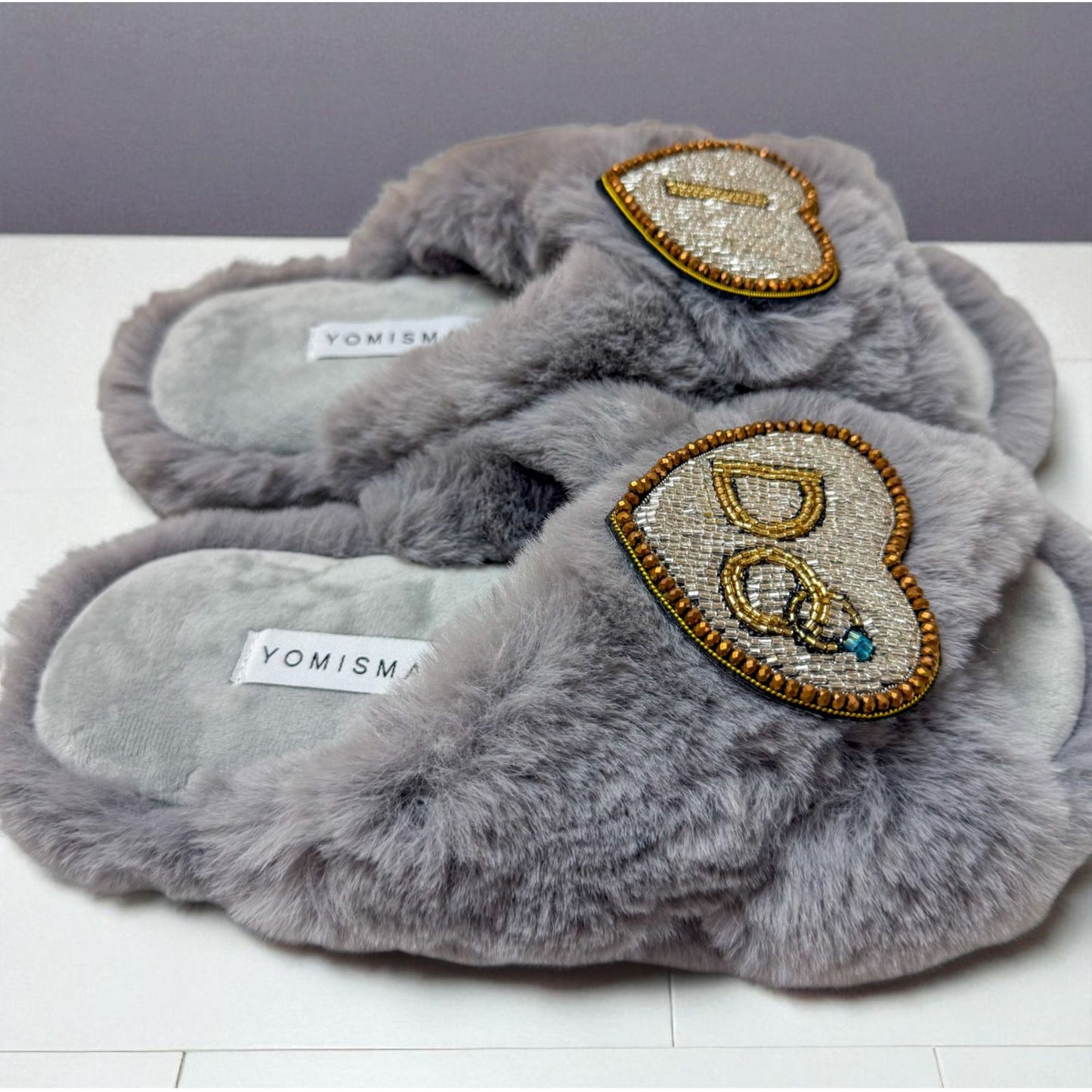 Faux Fur Slippers - Global Recycled Standard Certified with Beaded Wedding (I DO) Brooch