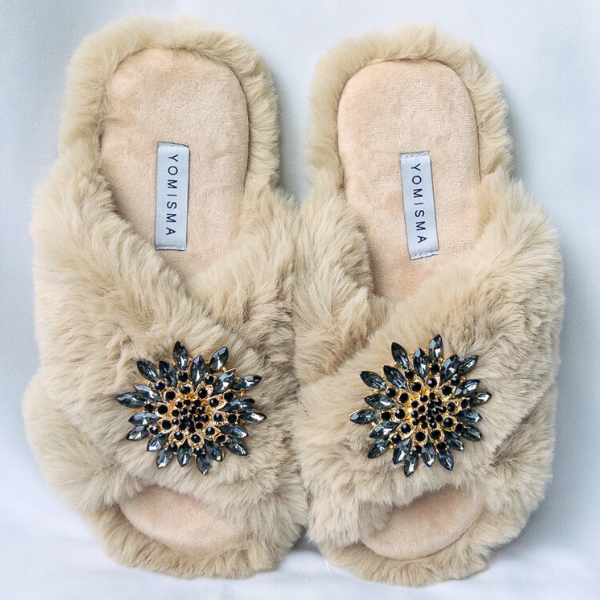 Faux Fur Slippers - Global Recycled Standard Certified with Grey Tourmaline Jewel Embellishments