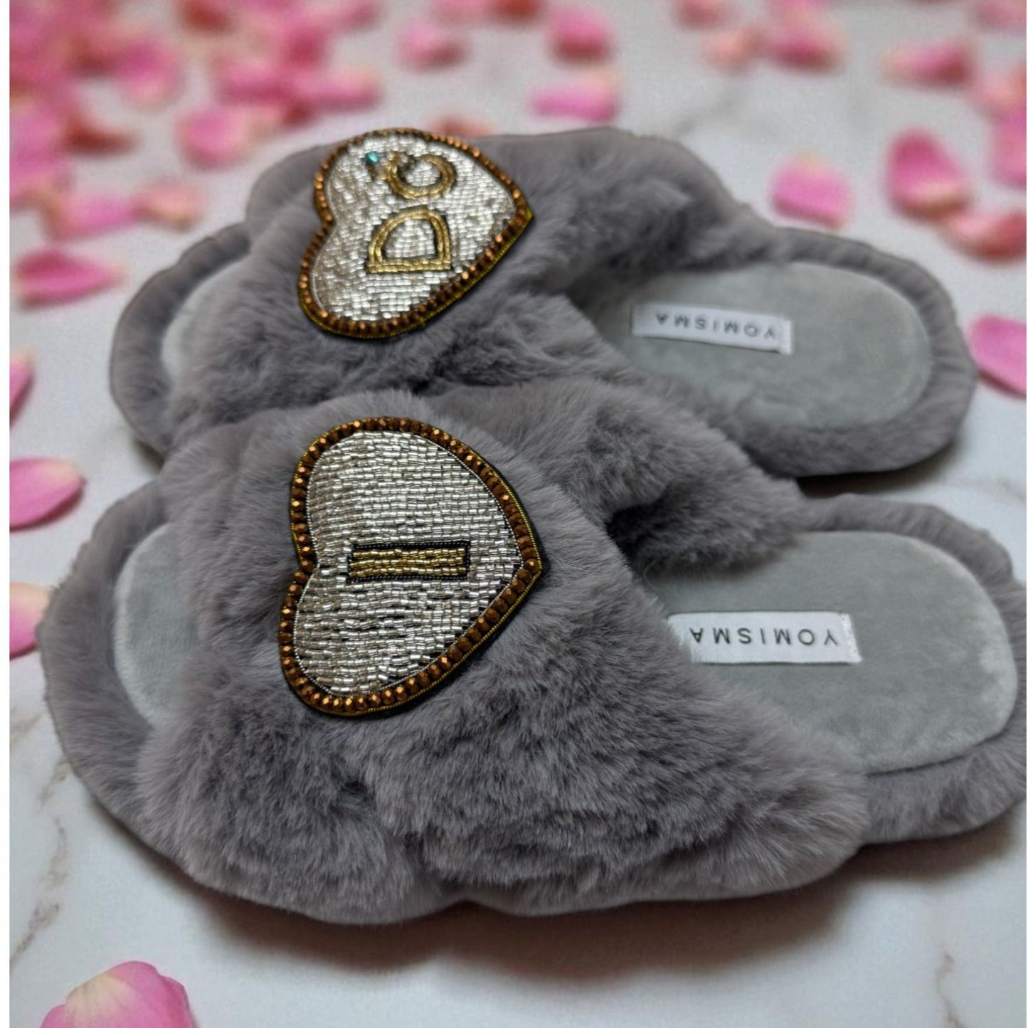 Faux Fur Slippers - Global Recycled Standard Certified with Beaded Wedding (I DO) Brooch