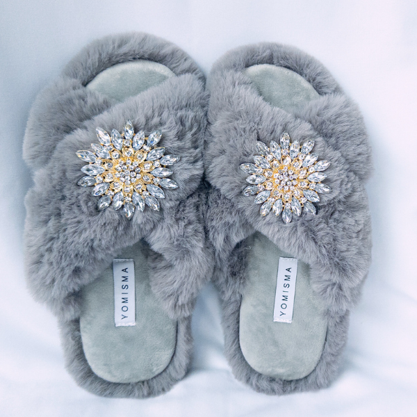 Faux Fur Slippers - Global Recycled Standard Certified with Clear Jewel Embellishments