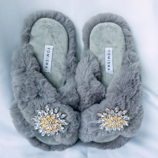 Faux Fur Slippers - Global Recycled Standard Certified with Clear Jewel Embellishments