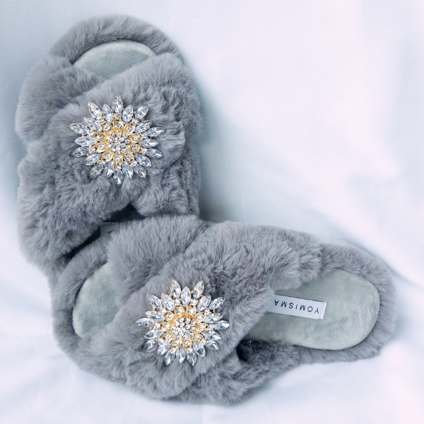 Faux Fur Slippers - Global Recycled Standard Certified with Clear Jewel Embellishments