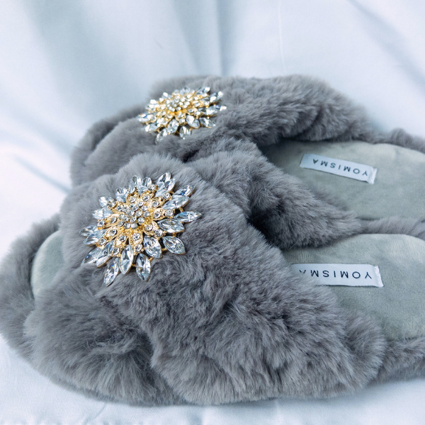 Faux Fur Slippers - Global Recycled Standard Certified with Clear Jewel Embellishments