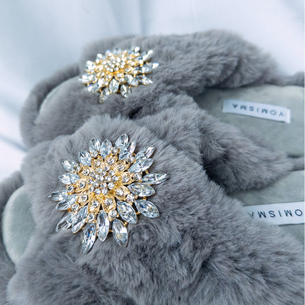 Faux Fur Slippers - Global Recycled Standard Certified with Clear Jewel Embellishments