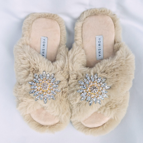 Faux Fur Slippers - Global Recycled Standard Certified with Clear Jewel Embellishments