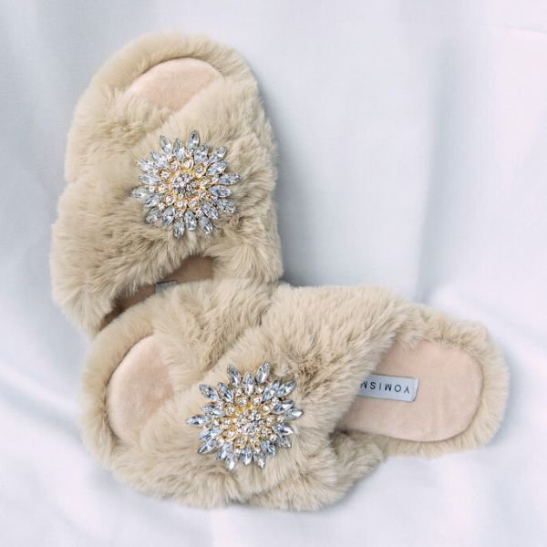 Faux Fur Slippers - Global Recycled Standard Certified with Clear Jewel Embellishments