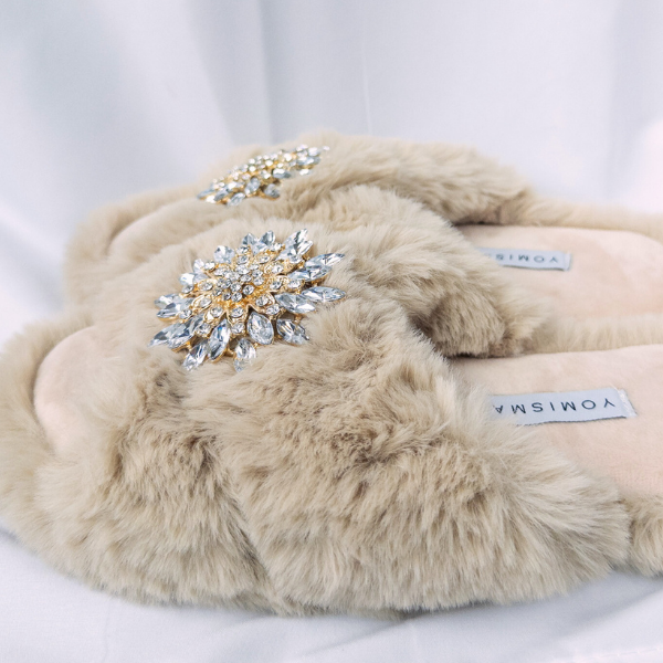 Faux Fur Slippers - Global Recycled Standard Certified with Clear Jewel Embellishments