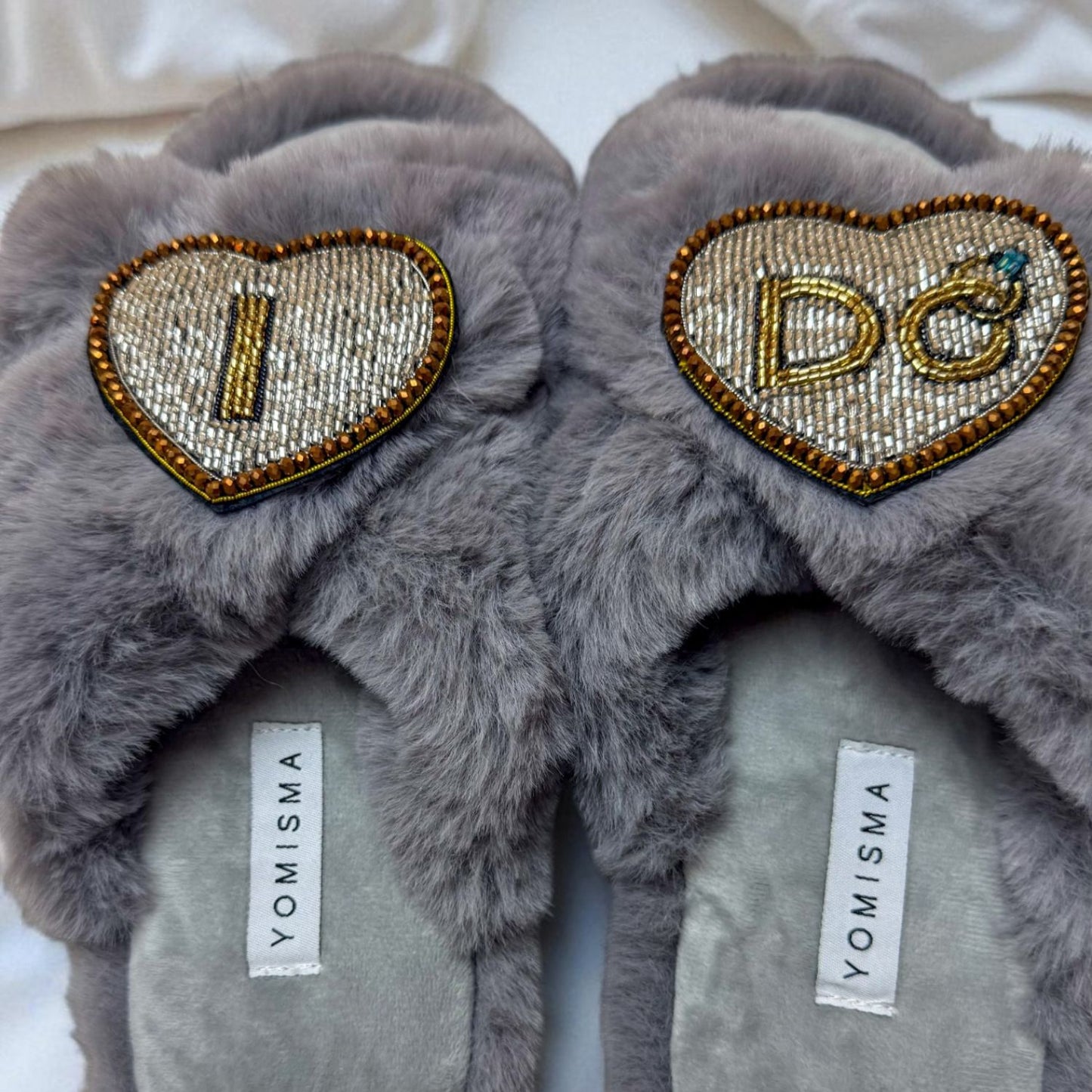 Faux Fur Slippers - Global Recycled Standard Certified with Beaded Wedding (I DO) Brooch