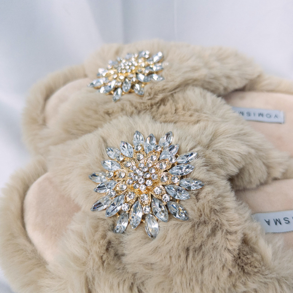 Faux Fur Slippers - Global Recycled Standard Certified with Clear Jewel Embellishments