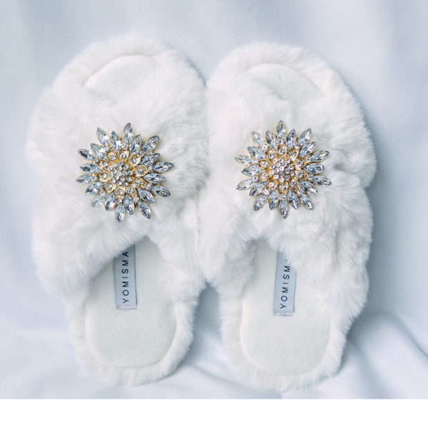 Faux Fur Slippers - Global Recycled Standard Certified with Clear Jewel Embellishments