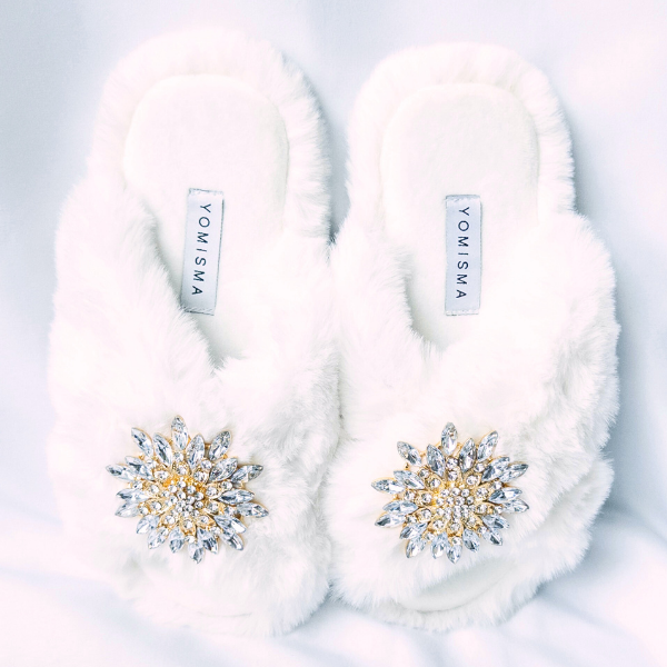 Faux Fur Slippers - Global Recycled Standard Certified with Clear Jewel Embellishments