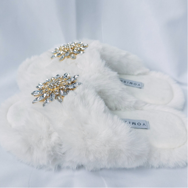 Faux Fur Slippers - Global Recycled Standard Certified with Clear Jewel Embellishments
