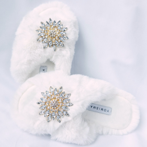 Faux Fur Slippers - Global Recycled Standard Certified with Clear Jewel Embellishments