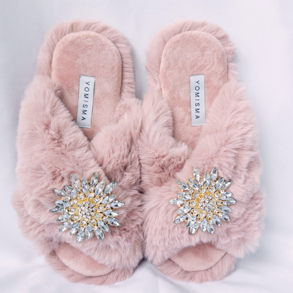 Faux Fur Slippers - Global Recycled Standard Certified with Clear Jewel Embellishments