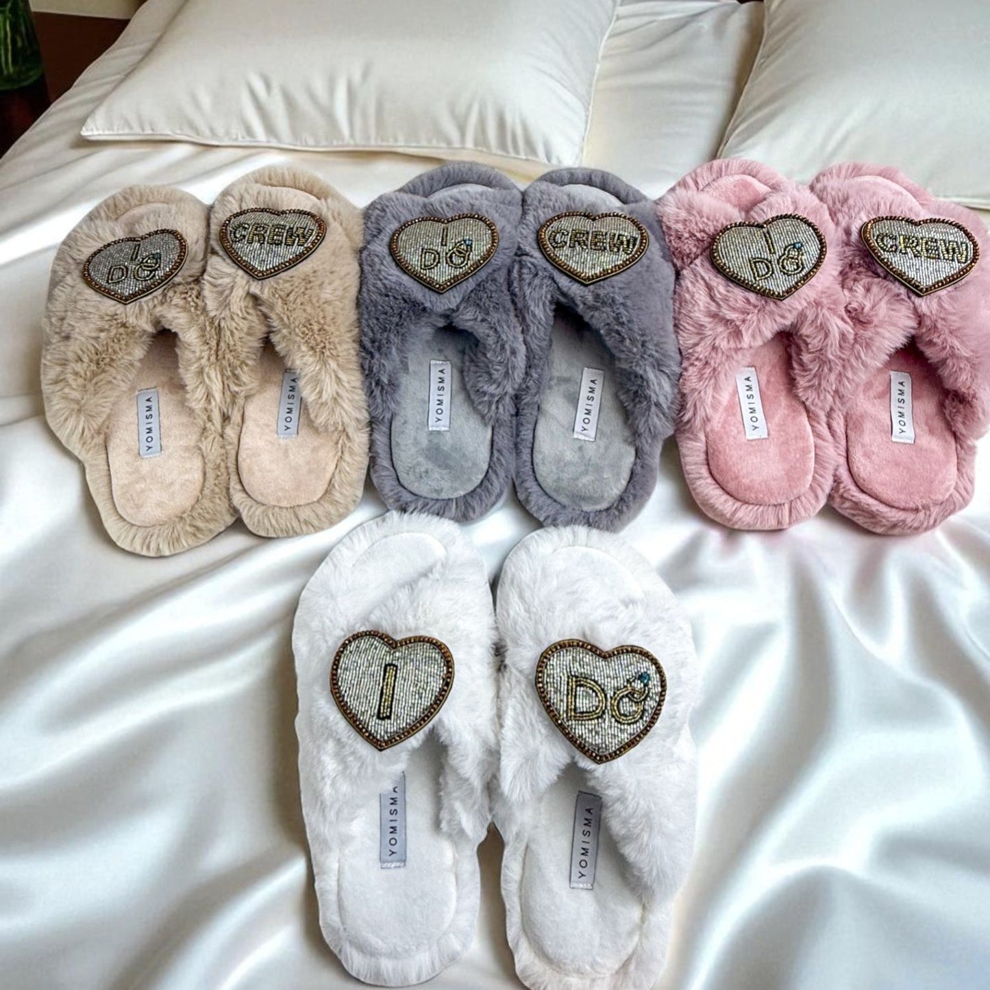 Faux Fur Slippers - Global Recycled Standard Certified with Beaded Wedding (I DO) Brooch