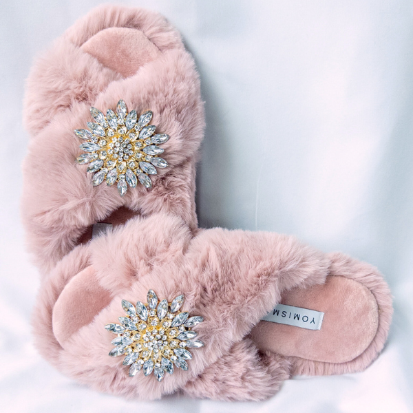 Faux Fur Slippers - Global Recycled Standard Certified with Clear Jewel Embellishments