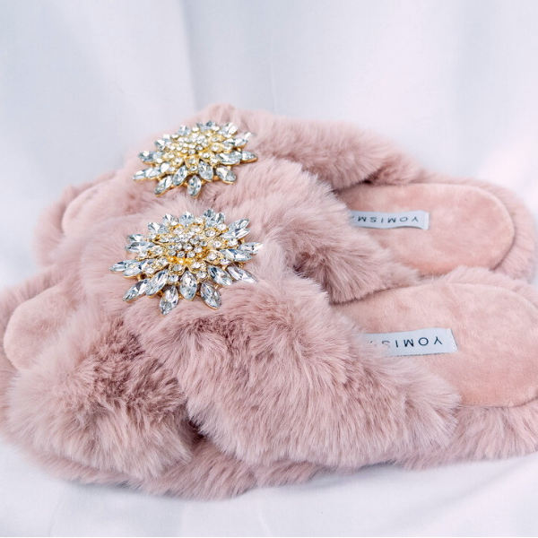 Faux Fur Slippers - Global Recycled Standard Certified with Clear Jewel Embellishments