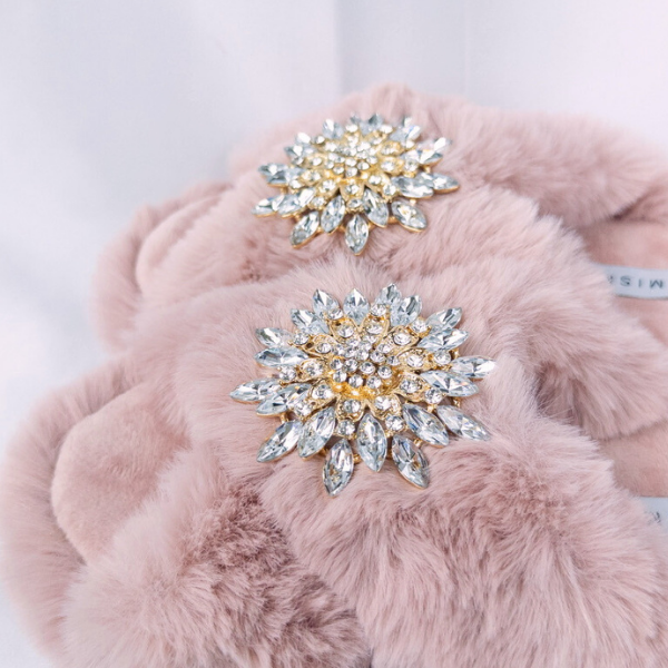 Faux Fur Slippers - Global Recycled Standard Certified with Clear Jewel Embellishments