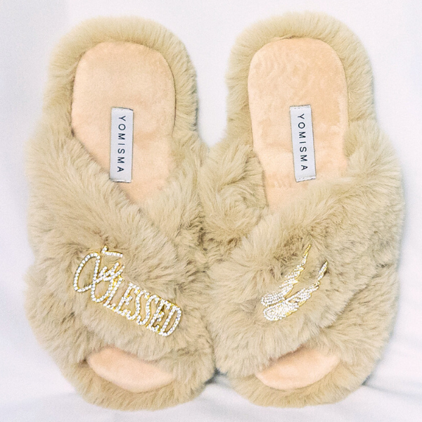 Faux Fur Slippers - Global Recycled Standard Certified with Blessed + Angel Wing Embellishment
