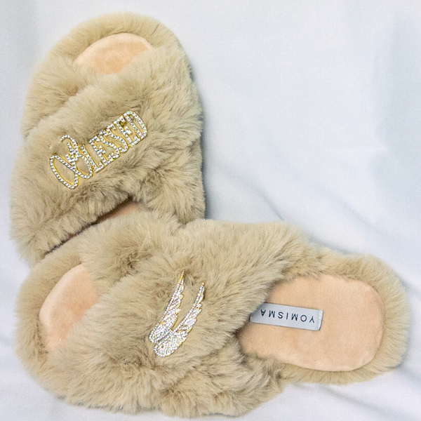 Faux Fur Slippers - Global Recycled Standard Certified with Blessed + Angel Wing Embellishment