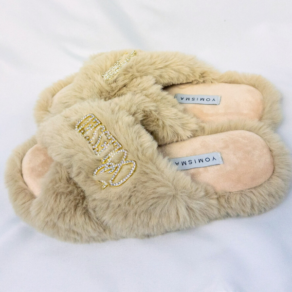 Faux Fur Slippers - Global Recycled Standard Certified with Blessed + Angel Wing Embellishment