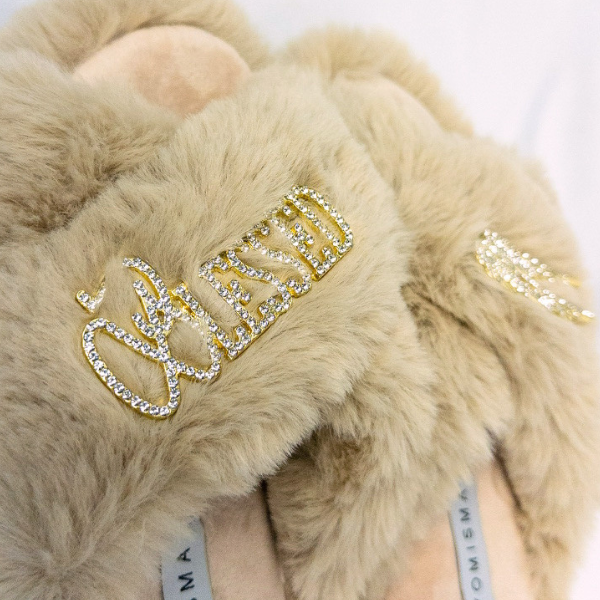 Faux Fur Slippers - Global Recycled Standard Certified with Blessed + Angel Wing Embellishment
