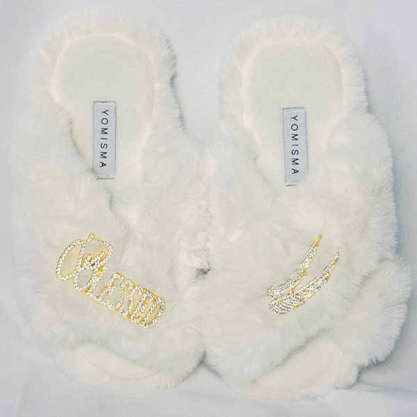 Faux Fur Slippers - Global Recycled Standard Certified with Blessed + Angel Wing Embellishment