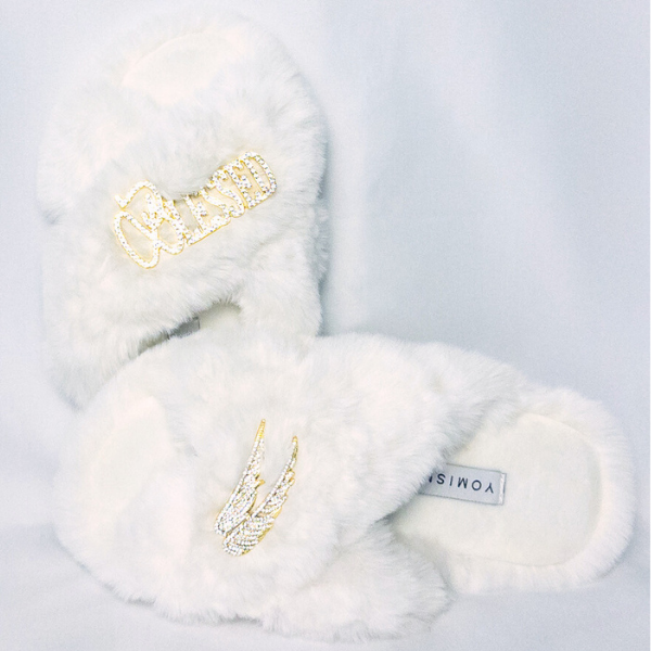 Faux Fur Slippers - Global Recycled Standard Certified with Blessed + Angel Wing Embellishment