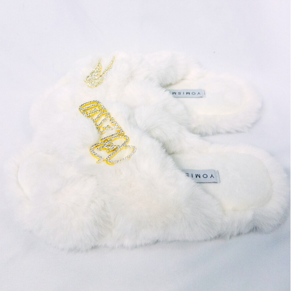 Faux Fur Slippers - Global Recycled Standard Certified with Blessed + Angel Wing Embellishment