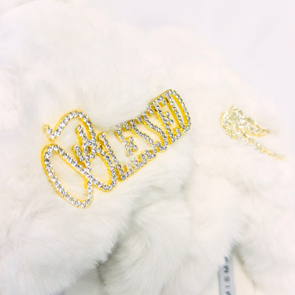 Faux Fur Slippers - Global Recycled Standard Certified with Blessed + Angel Wing Embellishment