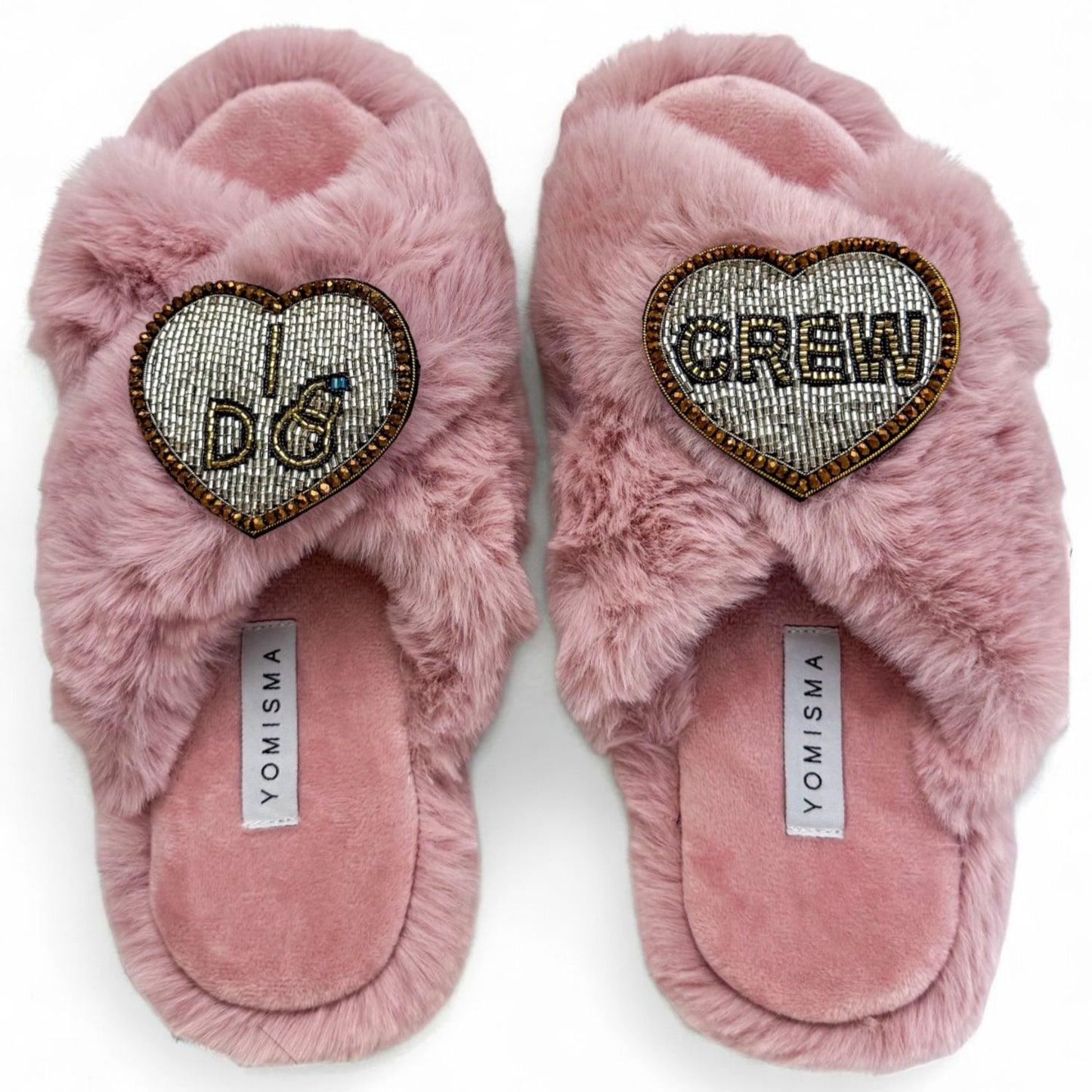 Faux Fur Slippers - Global Recycled Standard Certified with Beaded Wedding (I DO CREW) Brooch