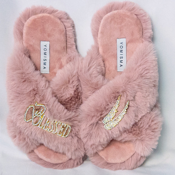 Faux Fur Slippers - Global Recycled Standard Certified with Blessed + Angel Wing Embellishment