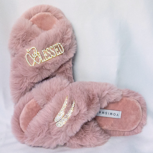 Faux Fur Slippers - Global Recycled Standard Certified with Blessed + Angel Wing Embellishment