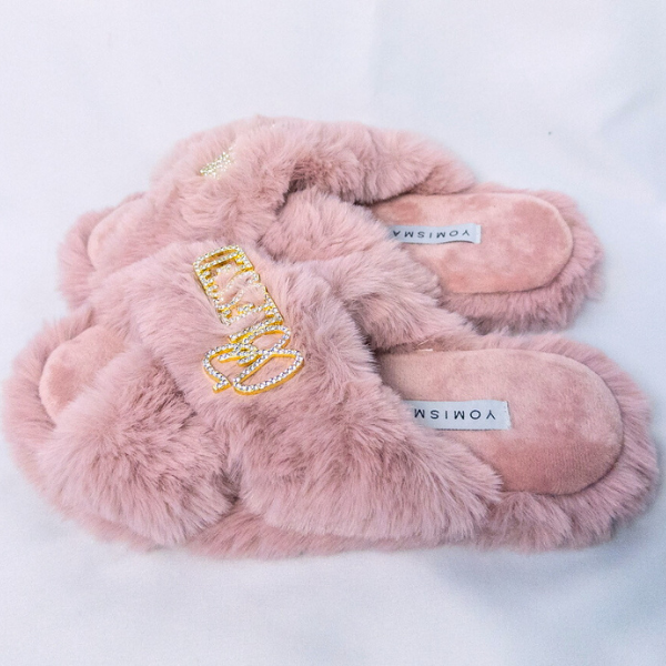 Faux Fur Slippers - Global Recycled Standard Certified with Blessed + Angel Wing Embellishment