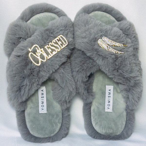 Faux Fur Slippers - Global Recycled Standard Certified with Blessed + Angel Wing Embellishment